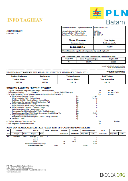 Indonesia PLN Batam utility bill template in Word and PDF formats